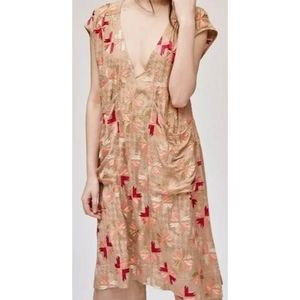 Free People Metallic Gold Embroidered Long Tunic Top Dress Vest